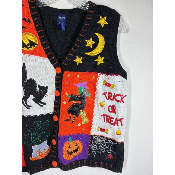Vintage Halloween Sweater Vest Medium Black Orange Patchwork Beaded Witch - Picture 3 of 10